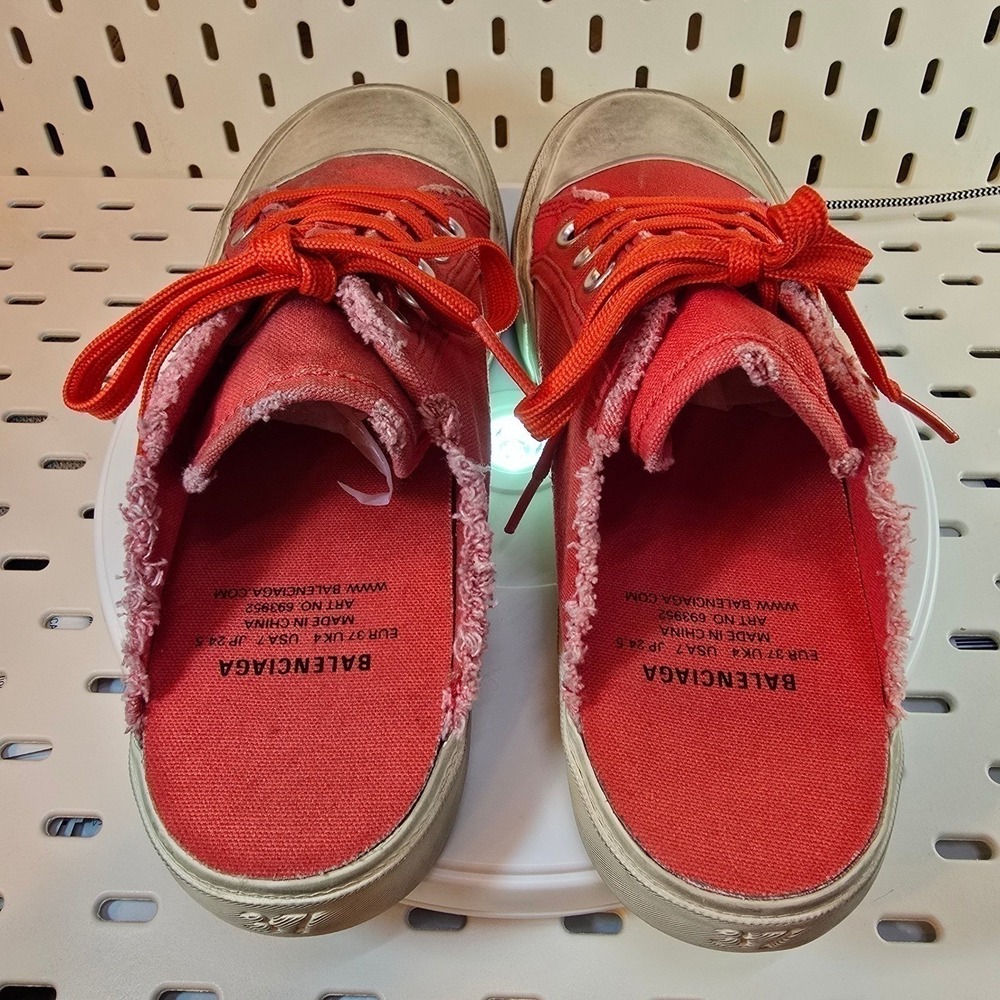 BALENCIAGA Womens Red Paris Canvas Mule Sneakers Sz 37 Distressed Streetwear Y2K - Picture 11 of 16